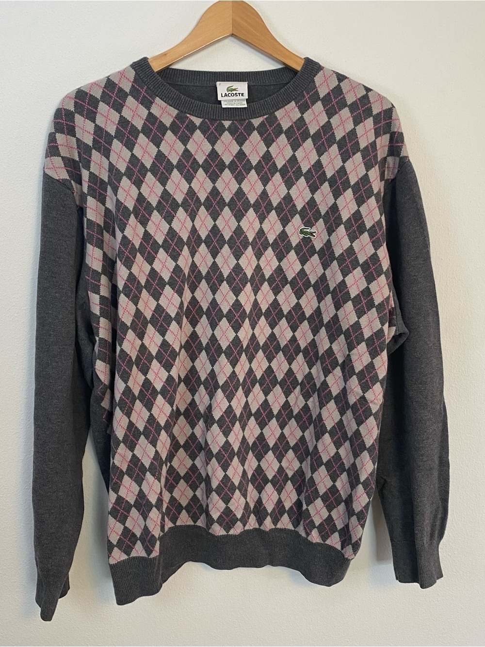 Lacoste Vintage Argyle Pullover Crewneck Sweater Gray Pink Diamond‎ Pattern Sz 7